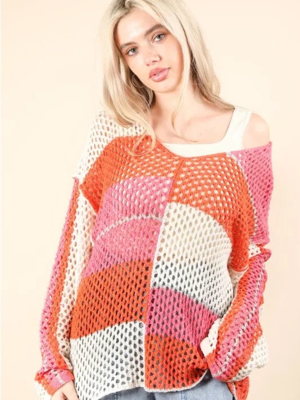 VeryJ Hand-Knit Crochet Colorblock Sweater - Pink, Orange, Cream-NWT-Sz L
